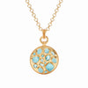 Antonia Mosaic Pendant: Gold necklace with round blue gemstone mosaic pendant.
