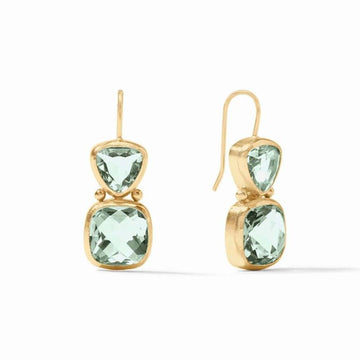 Gold drop earrings featuring pale green gemstones; triangular and square-cut.

