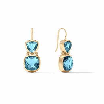 Gold drop earrings featuring two blue gemstones.
