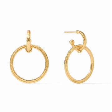 Gold hammered-finish circle earrings; double-hoop design.
