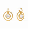 Gold hoop earrings featuring a white gemstone encircled by hammered gold rings.

