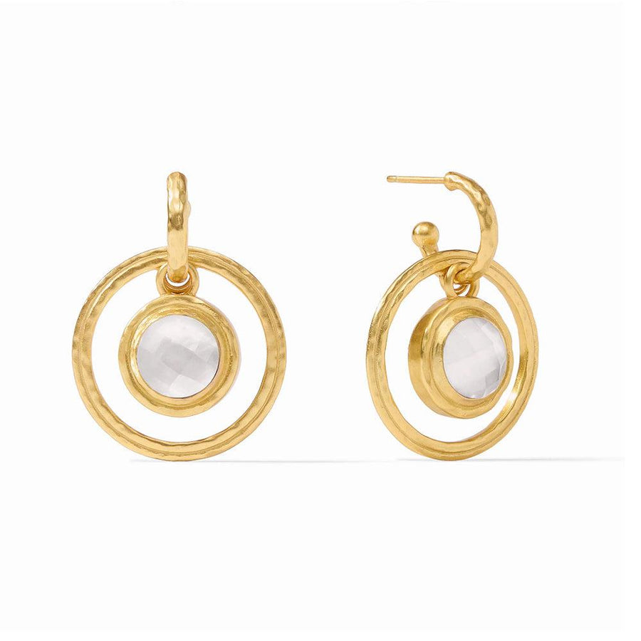 Gold hoop earrings featuring a white gemstone encircled by hammered gold rings.
