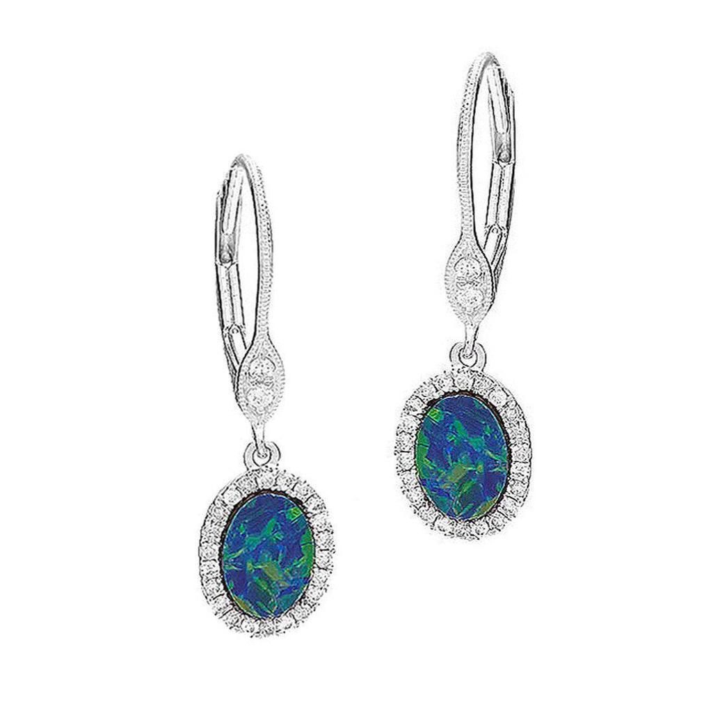 Elegant Australian opal earrings with diamond halo, silver leverback setting.
