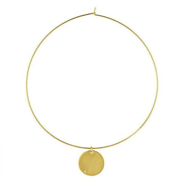 Gold choker necklace with circular pendant featuring a tiny accent stone.
