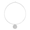 Silver wire choker necklace with a circular pendant featuring a small accent stone.
