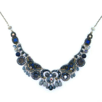 Autumn Skys necklace: Statement beaded necklace in blues and grays with silver accents.
