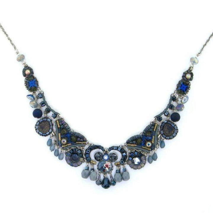 Autumn Skys necklace: Statement beaded necklace in blues and grays with silver accents.

