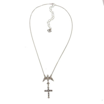Silver necklace featuring a bird above a cross pendant
