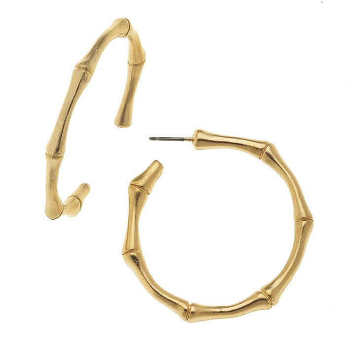 Gold bamboo hoop earrings; statement jewelry

