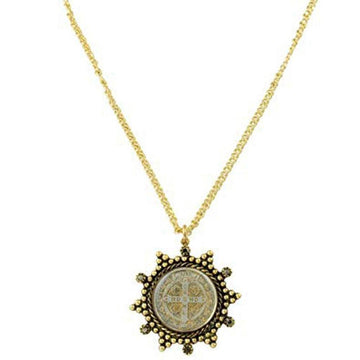 Gold chain necklace with antique-style medal pendant.
