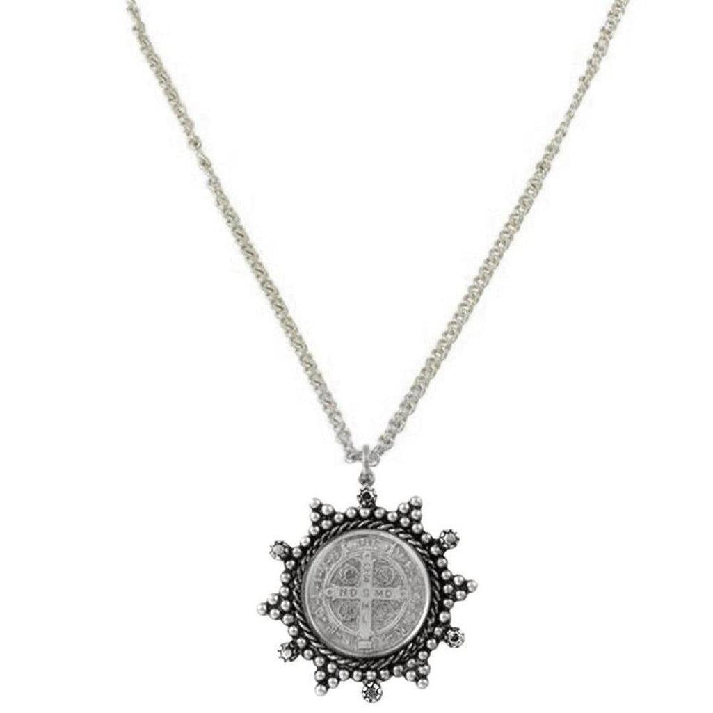 Barbara San Benito necklace, silver chain, sunburst pendant with antique medal charm.
