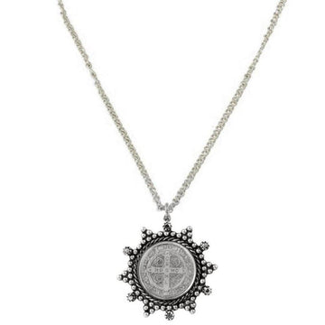 Barbara San Benito necklace, silver chain, sunburst pendant with antique medal charm.
