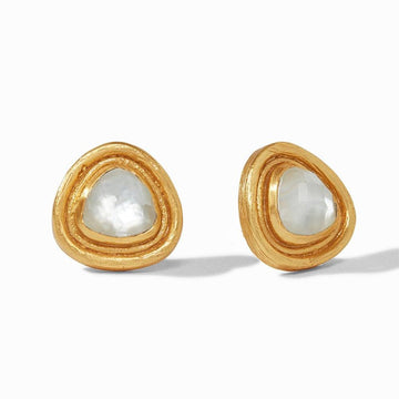 Barcelona Stud Earrings: Gold-tone, triangular studs featuring a mother-of-pearl inlay.

