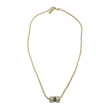 Gold chain necklace featuring a double-barrel pendant accented with clear stones.
