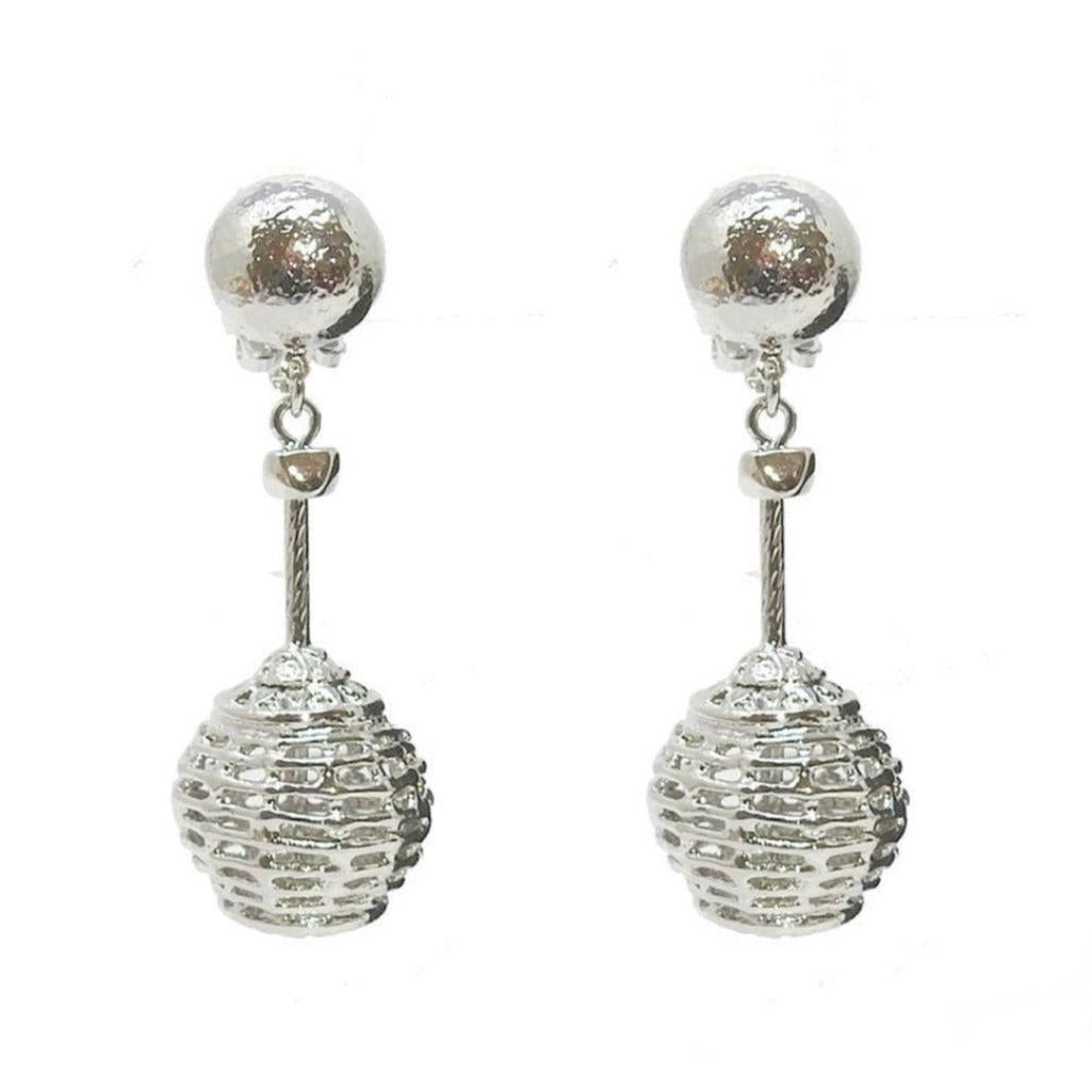 Silver Basketweave Clip Dangle Earrings with sparkling cubic zirconia accents.
