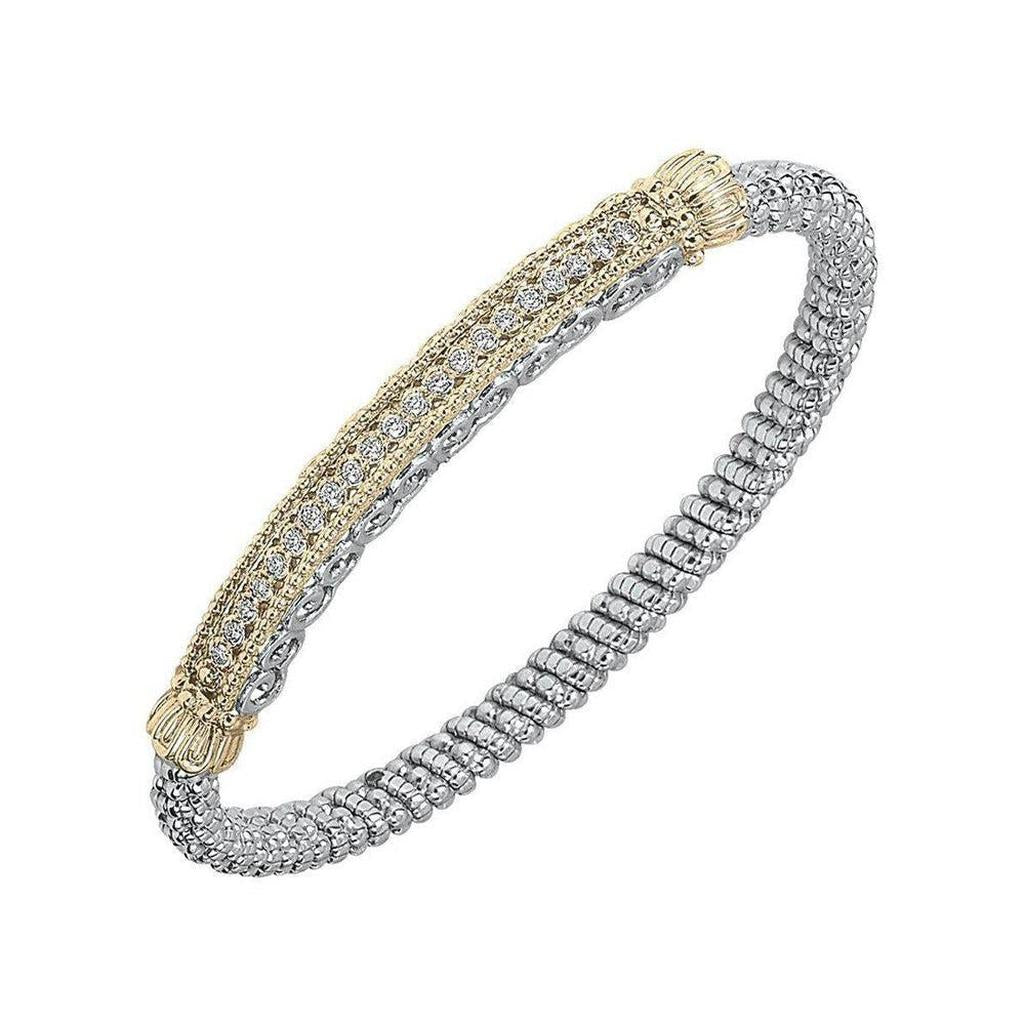 Beaded bar bracelet in two-tone silver and gold with sparkling diamond accents.
