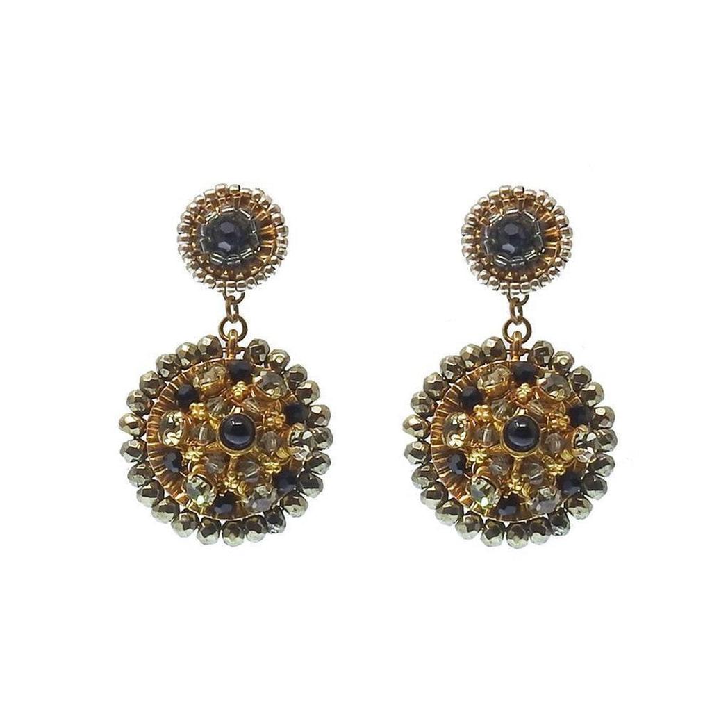 Beaded drop post earrings with black and gold accents.
