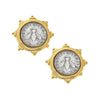 Bee coin clip earrings: Gold-tone setting, silver bee coin accents.
