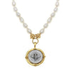 Bee Coin Pendant Necklace: Gold & silver bee coin pendant on a delicate pearl strand.
