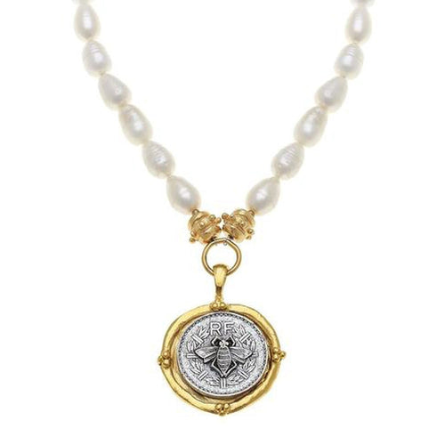 Bee Coin Pendant Necklace on Pearls-Susan Shaw-Swag Designer Jewelry