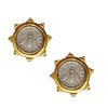 Bee Coin Stud Earrings: Gold-framed, silver bee coin design.
