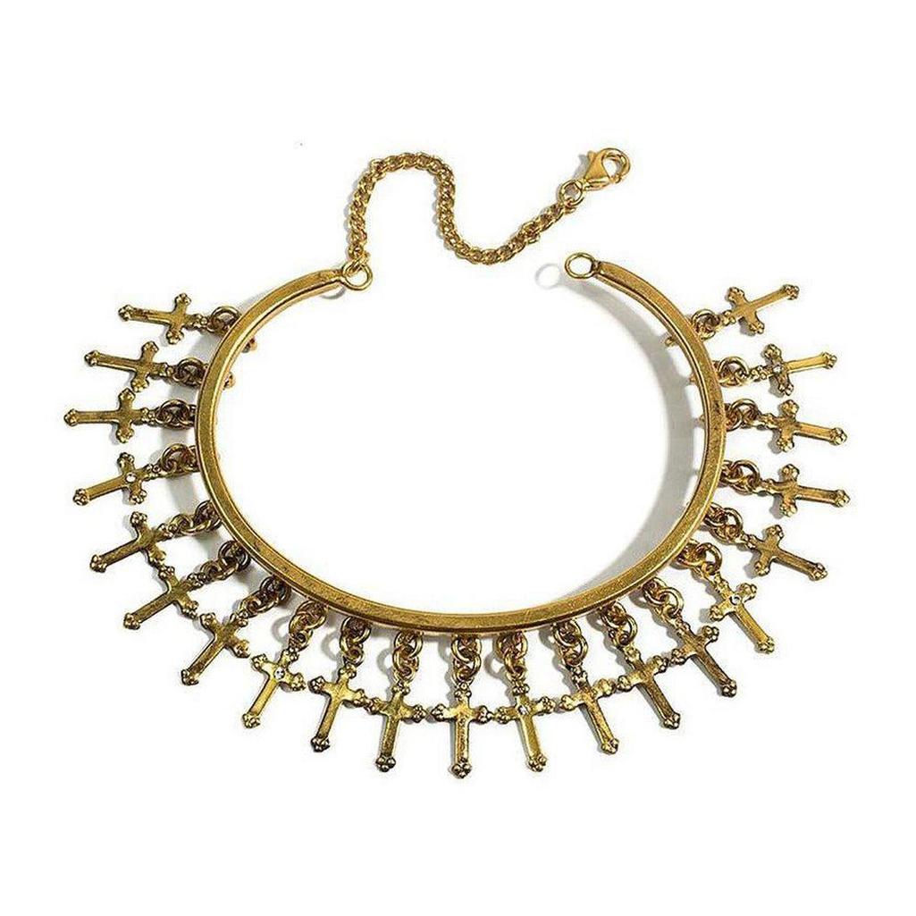 Gold Bee Fierce Cuff bracelet with dangling cross charms.
