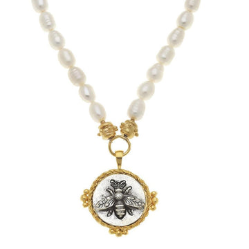 Elegant Bee intaglio pendant necklace with freshwater pearl chain & gold accents.
