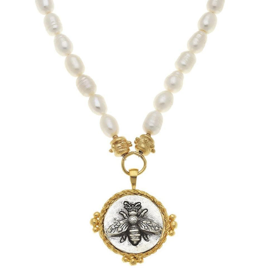 Elegant Bee intaglio pendant necklace with freshwater pearl chain & gold accents.
