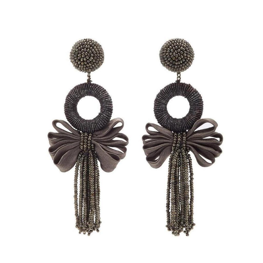 Beijing Mystic Grey earrings: Beaded & silk bow tassel statement earrings.
