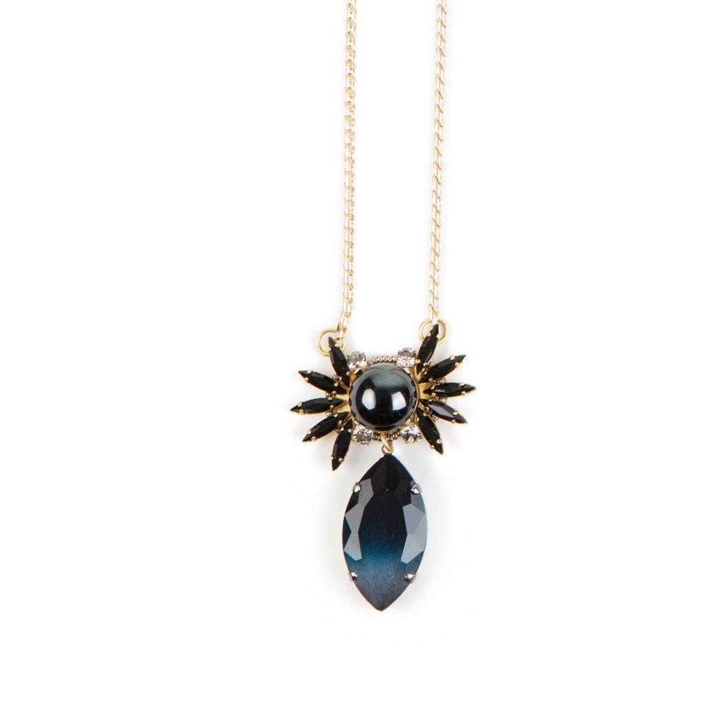 Elegant black and dark blue crystal necklace with gold chain.
