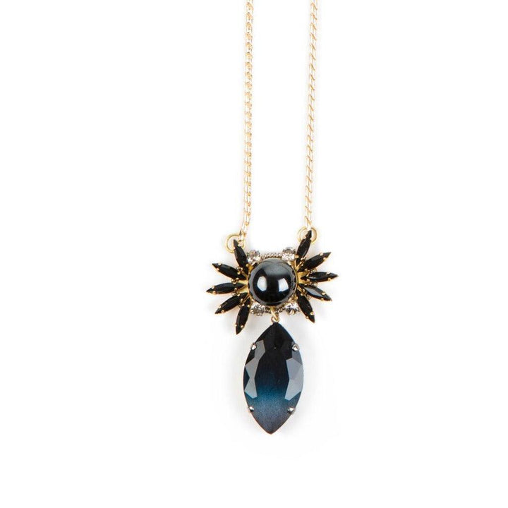 Elegant black and dark blue crystal necklace with gold chain.
