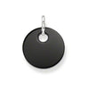 Black disc pendant with silver bail; minimalist jewelry.

