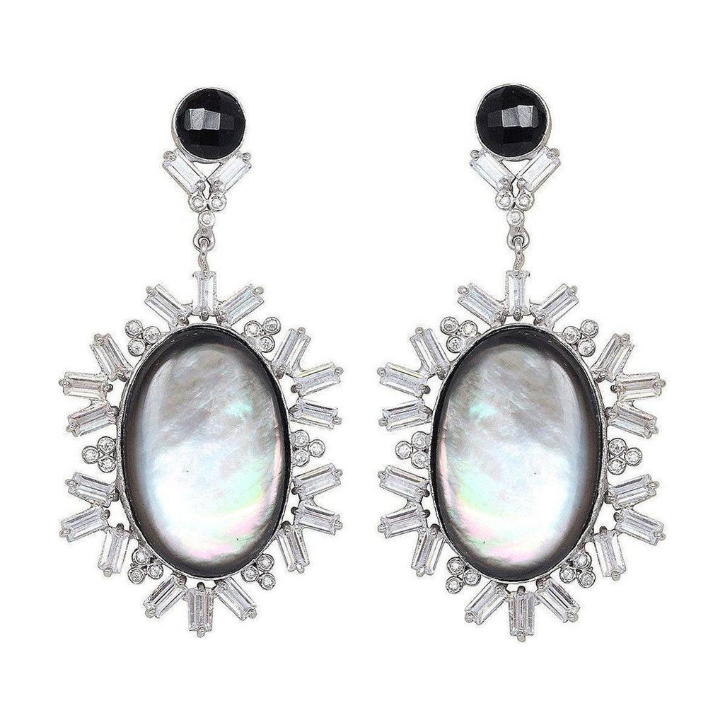 Elegant black onyx and mother-of-pearl earrings with baguette-cut cubic zirconia accents.
