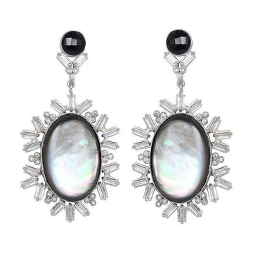 Elegant black onyx and mother-of-pearl earrings with baguette-cut cubic zirconia accents.
