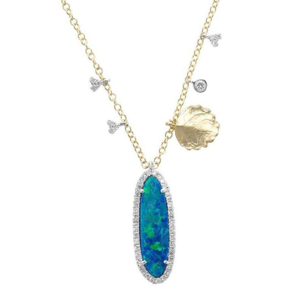 Black opal and diamond necklace with gold chain and leaf charm
