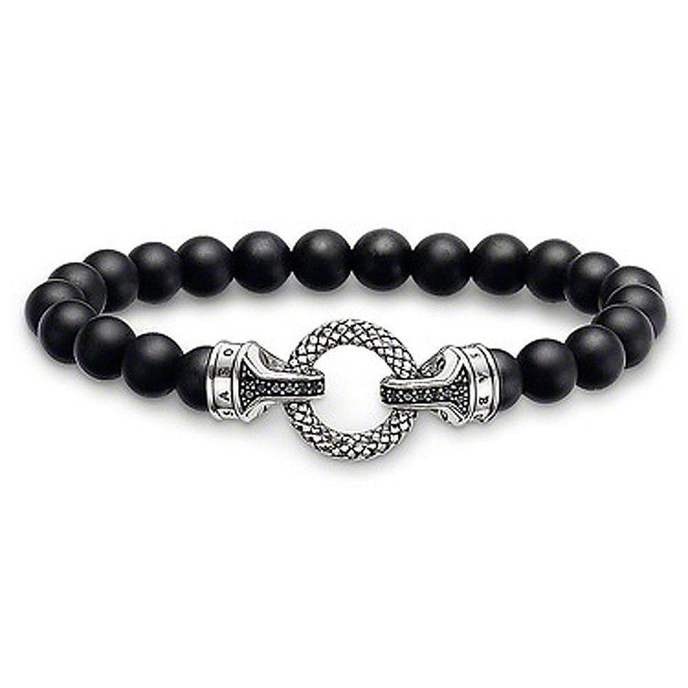 Black onyx bead bracelet with sterling silver clasp; men's fashion jewelry.
