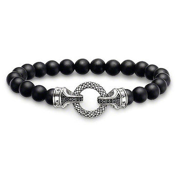 Black onyx bead bracelet with sterling silver clasp; men's fashion jewelry.
