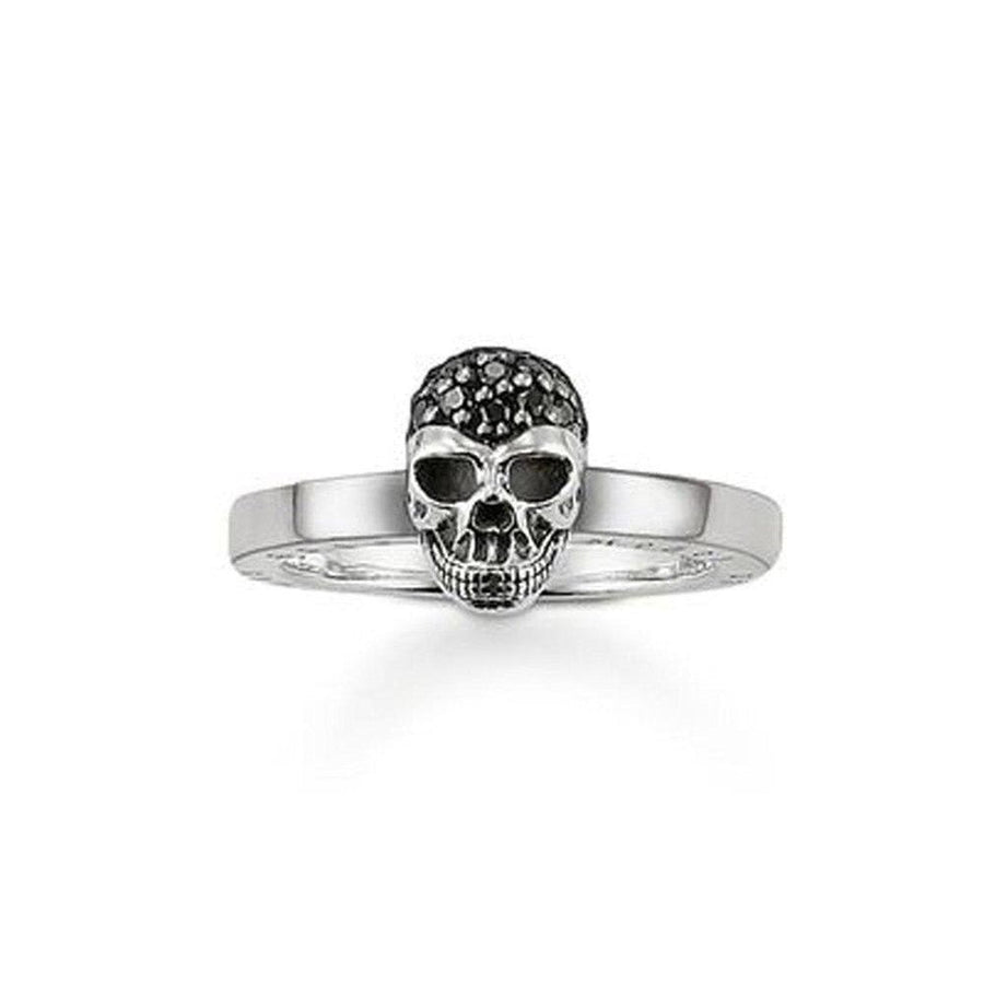 Black skull ring, size 7, featuring black cubic zirconia accents.
