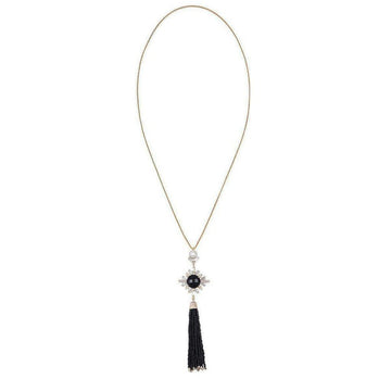 Elegant long black onyx and pearl tassel necklace with gold chain.

