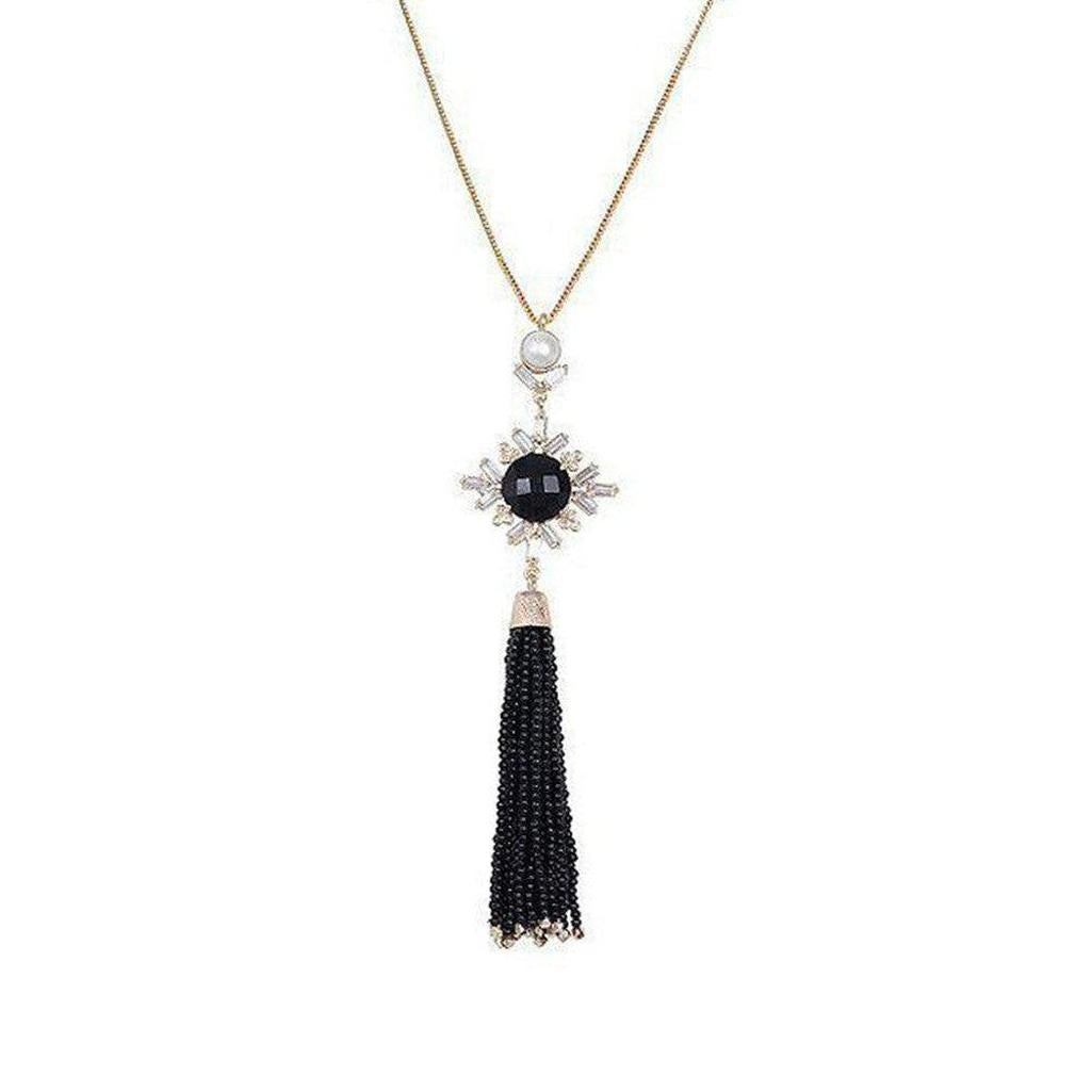 Elegant black onyx & pearl tassel necklace with gold chain
