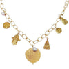 Blessings 22k gold charm necklace with hamsa, coin, and pearl accents.
