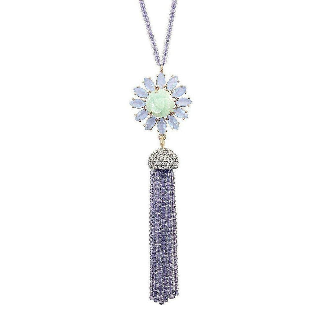 Blue Chalcedony Tassel Necklace with pale green floral charm & amethyst tassel
