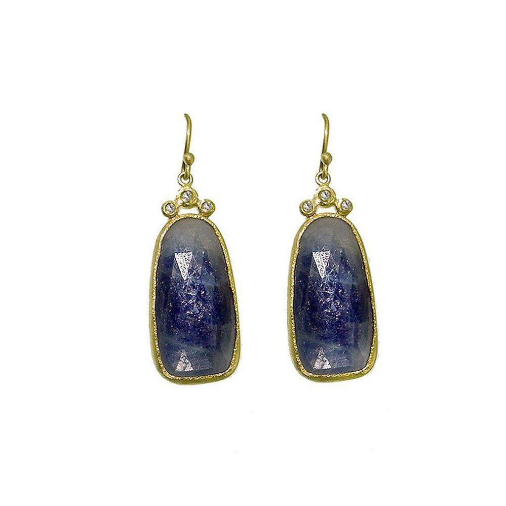 18k gold Blue Sapphire and Diamond earrings with unique gemstone setting.
