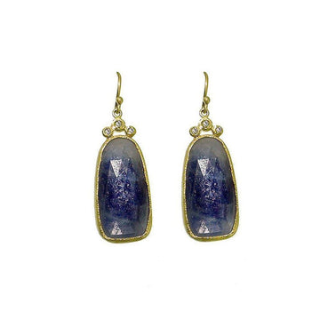 18k gold Blue Sapphire and Diamond earrings with unique gemstone setting.
