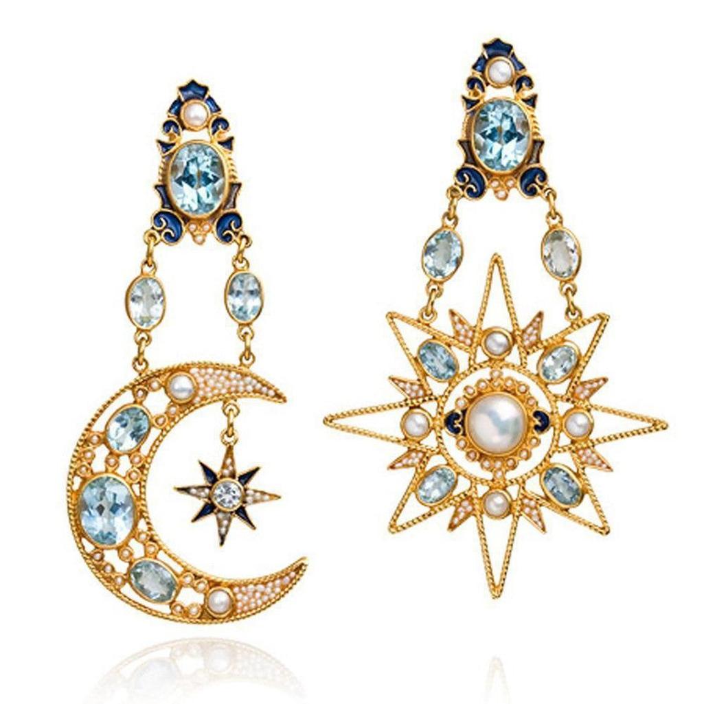 Blue Topaz Pearls Sun & Moon earrings: celestial gold design with blue topaz & pearls.
