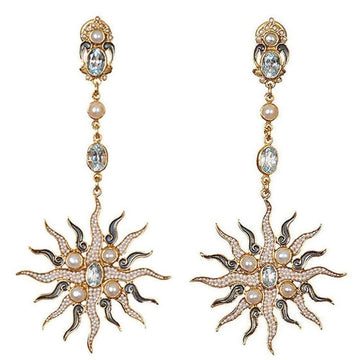 Blue Topaz and Pearl Sunburst earrings:  Gold, sunburst design with blue topaz and pearls.
