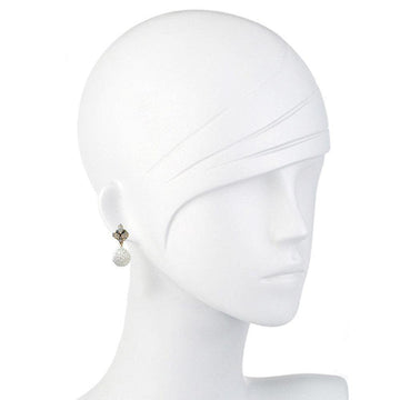 Elegant drop earrings; white textured sphere and gray gemstone accents.
