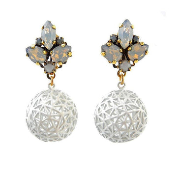 White filigree ball drop earrings with grey crystal accents.
