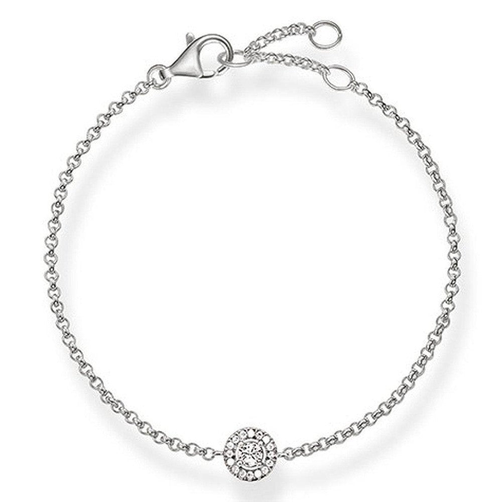 Silver chain bracelet with a central diamond halo pendant.
