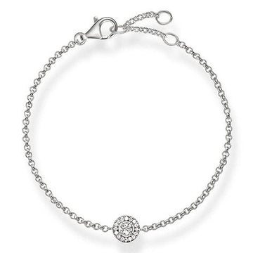 Silver chain bracelet with a central diamond halo pendant.
